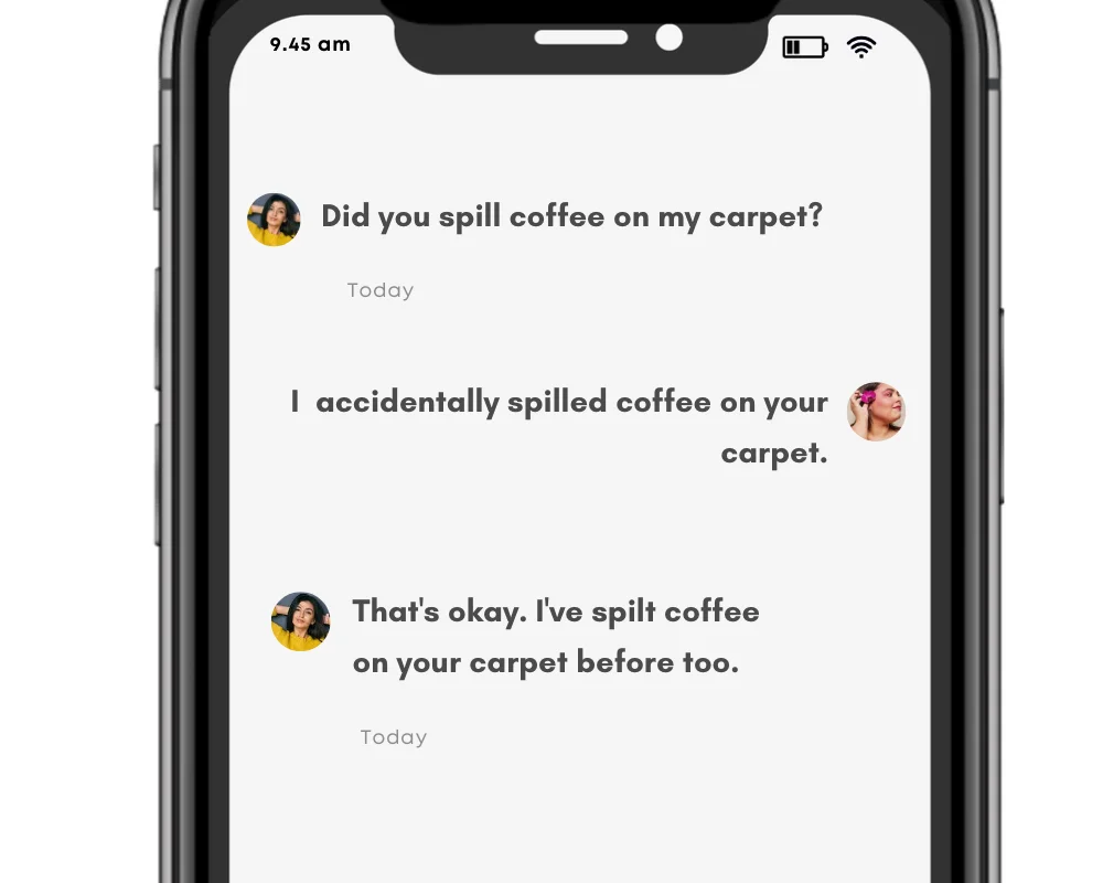 The verb spill in text message conversation. Made by Gflex on Canva.