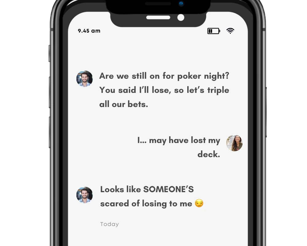 The verb lose in text conversation. Written by Mina Han; made by Gflex on Canva.