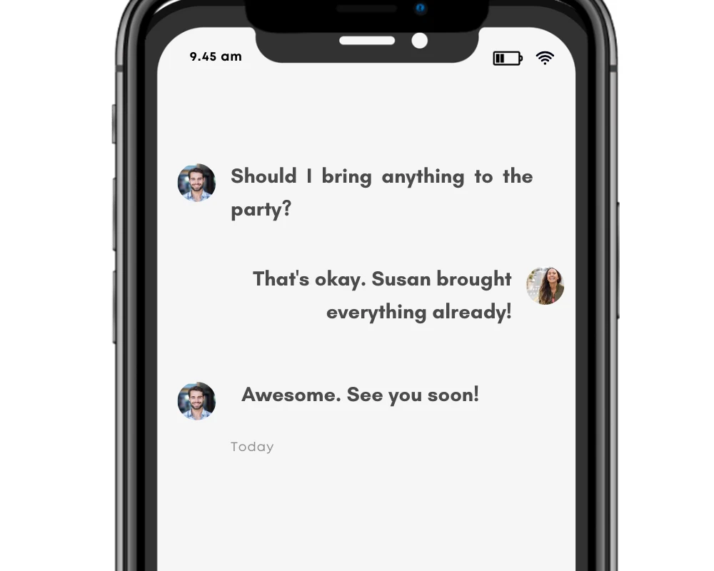 Bring/brought shown in a text message conversation.