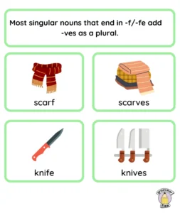 Nouns that end in f or fe often switch to ves as a plural.